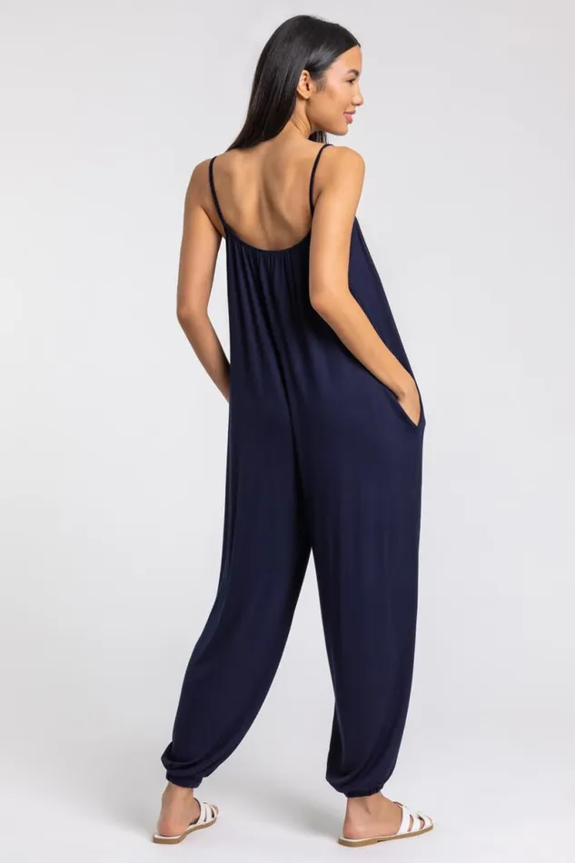Navy Strappy Full Length Jersey Jumpsuit Women Roman Dresses
