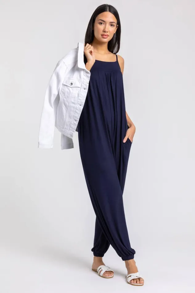 Navy Strappy Full Length Jersey Jumpsuit Women Roman Dresses
