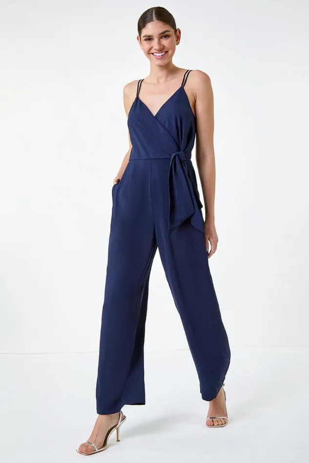 Navy Tie Waist Pocket Detail Wrap Jumpsuit Women Roman Dresses