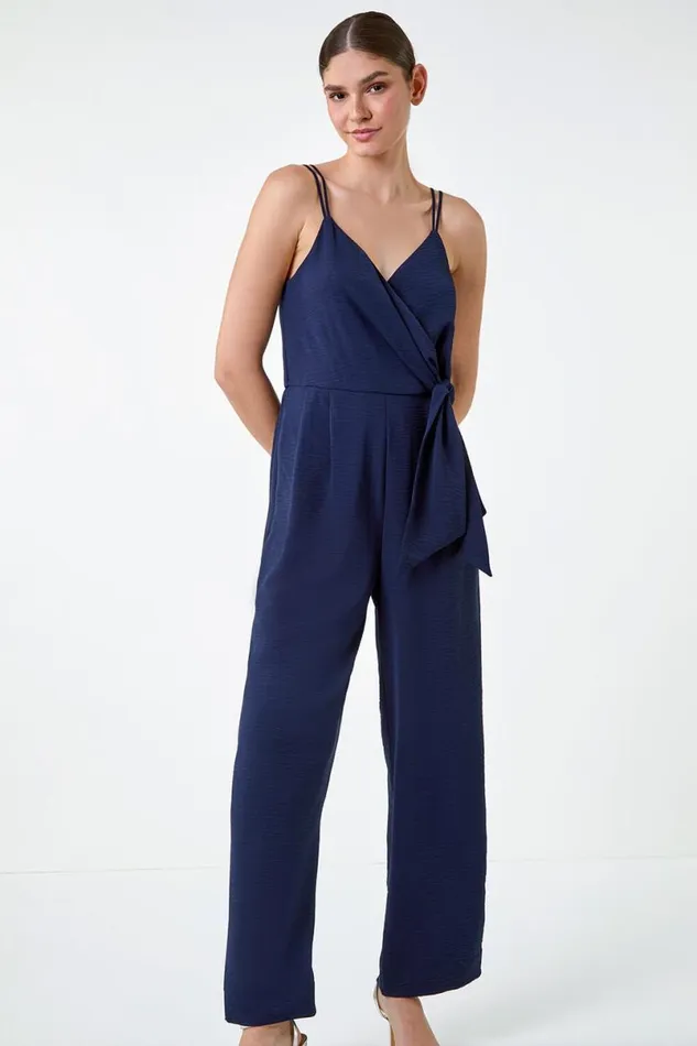 Navy Tie Waist Pocket Detail Wrap Jumpsuit Women Roman Dresses