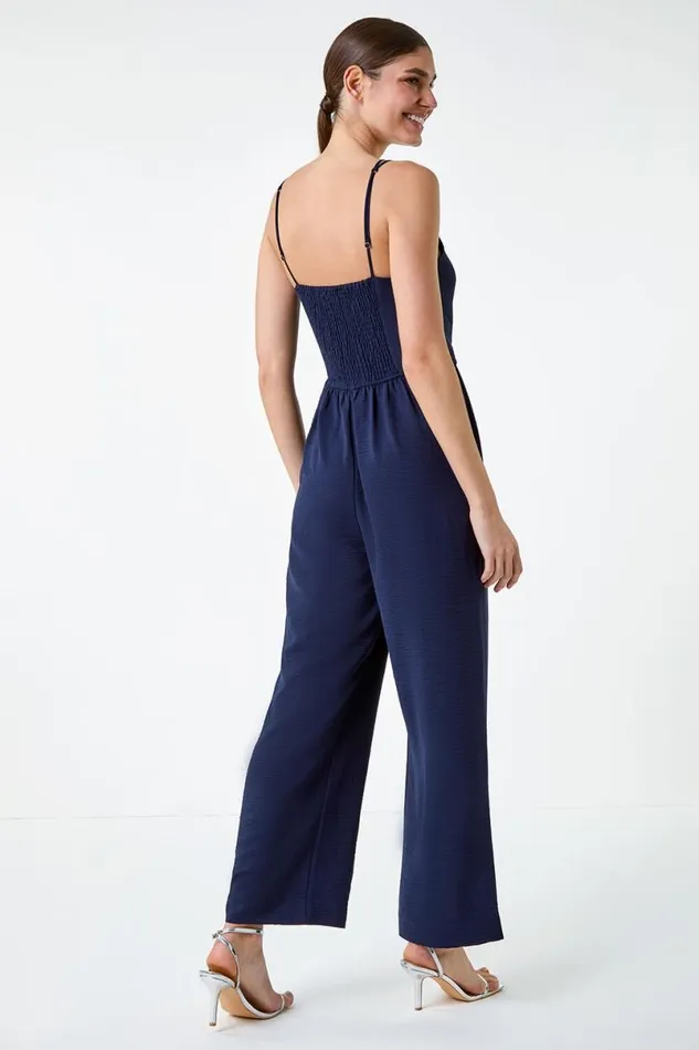 Navy Tie Waist Pocket Detail Wrap Jumpsuit Women Roman Dresses