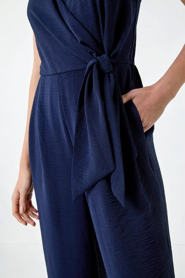 Navy Tie Waist Pocket Detail Wrap Jumpsuit Women Roman Dresses