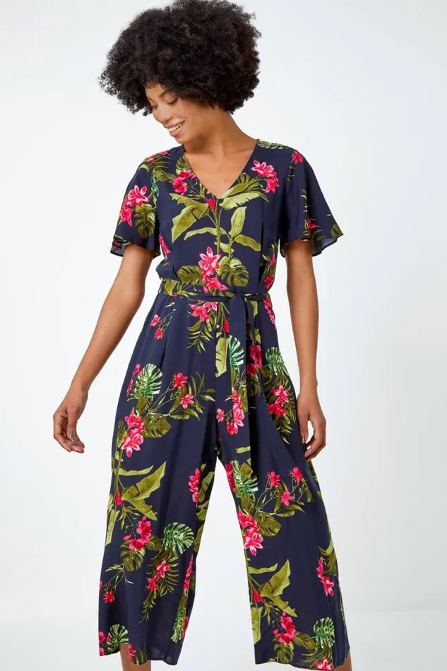 Navy Tropical Print Belted Jumpsuit Women Roman Dresses
