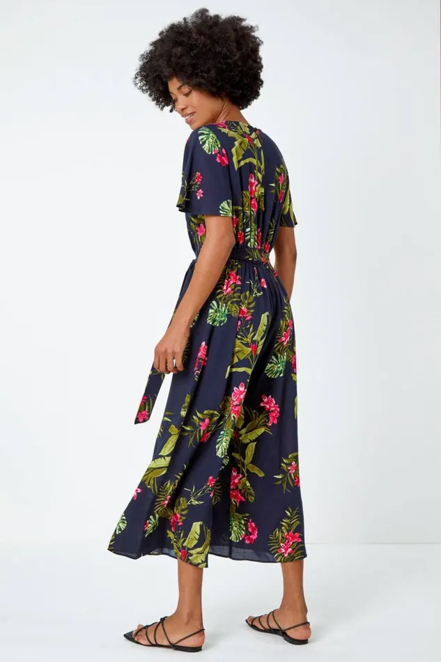 Navy Tropical Print Belted Jumpsuit Women Roman Dresses