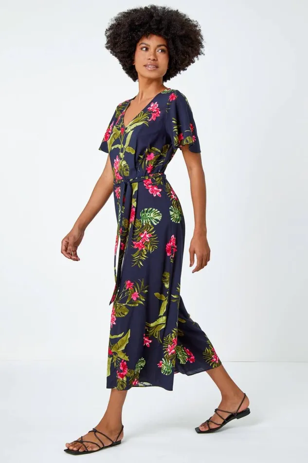 Navy Tropical Print Belted Jumpsuit Women Roman Dresses