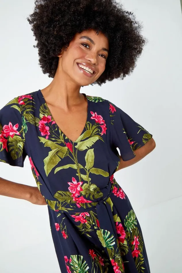 Navy Tropical Print Belted Jumpsuit Women Roman Dresses