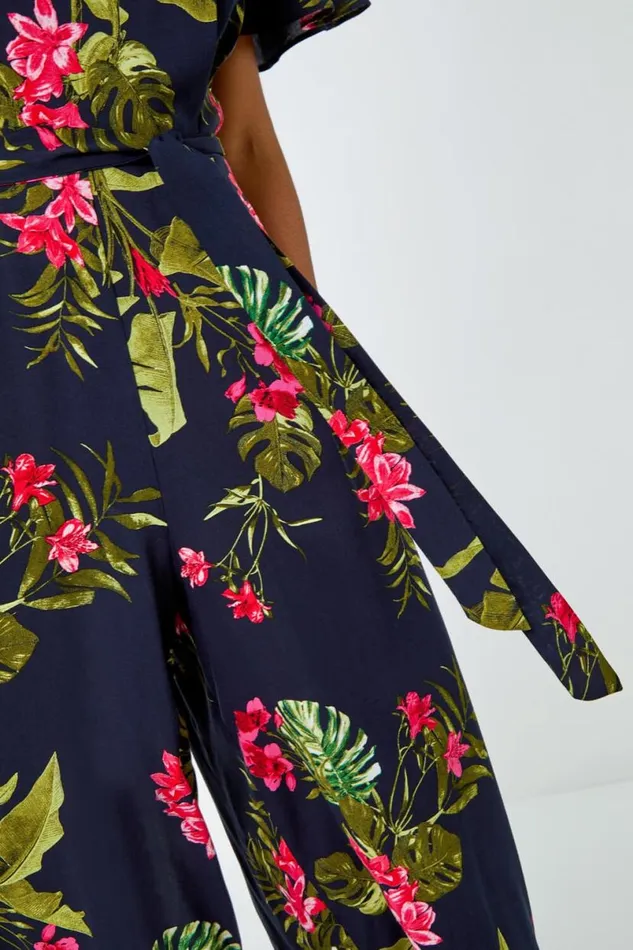 Navy Tropical Print Belted Jumpsuit Women Roman Dresses