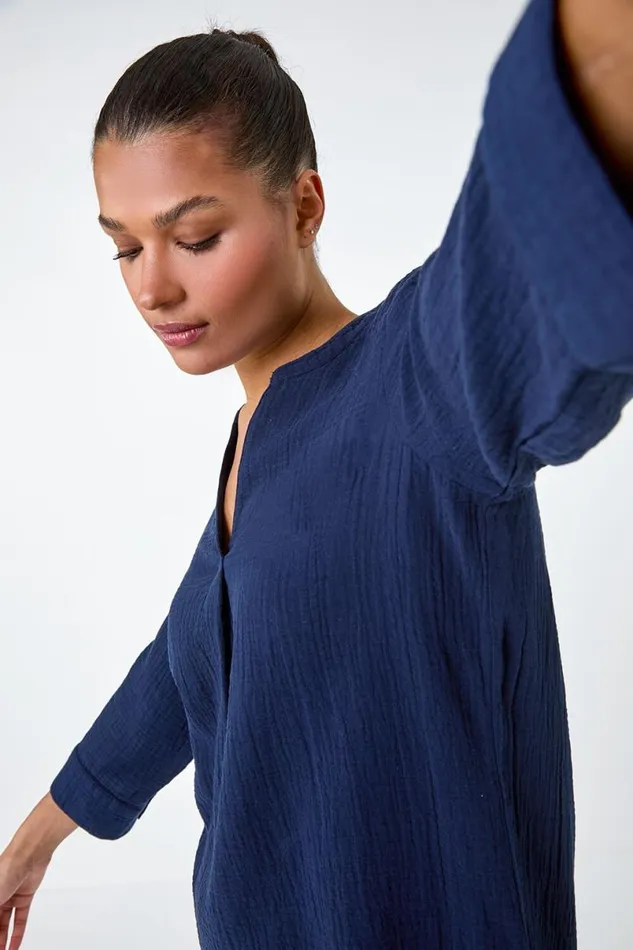 Navy VNeck Pleat Detail Cotton Top Women Roman Tops
