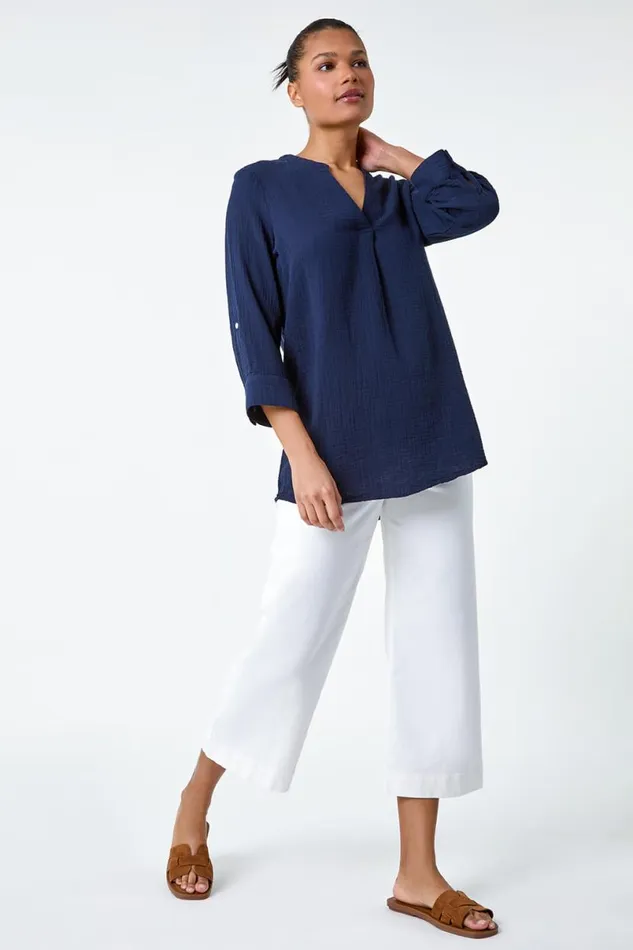 Navy VNeck Pleat Detail Cotton Top Women Roman Tops