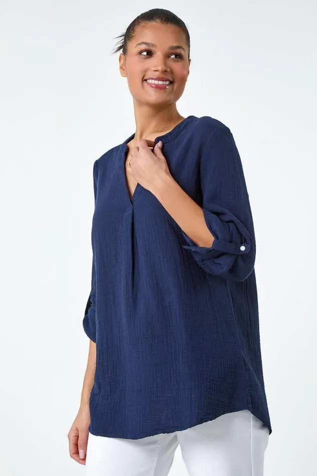Navy VNeck Pleat Detail Cotton Top Women Roman Tops