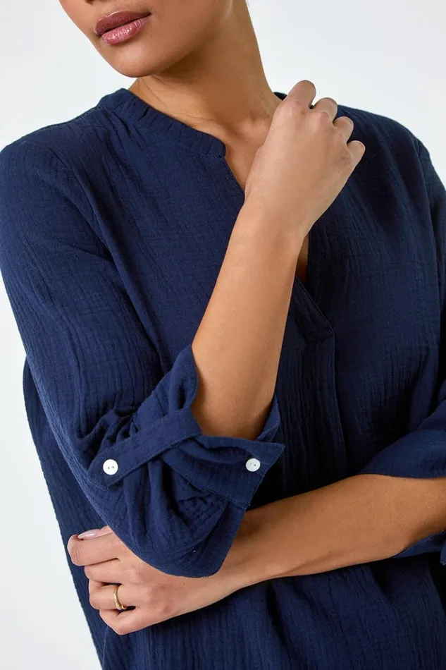 Navy VNeck Pleat Detail Cotton Top Women Roman Tops