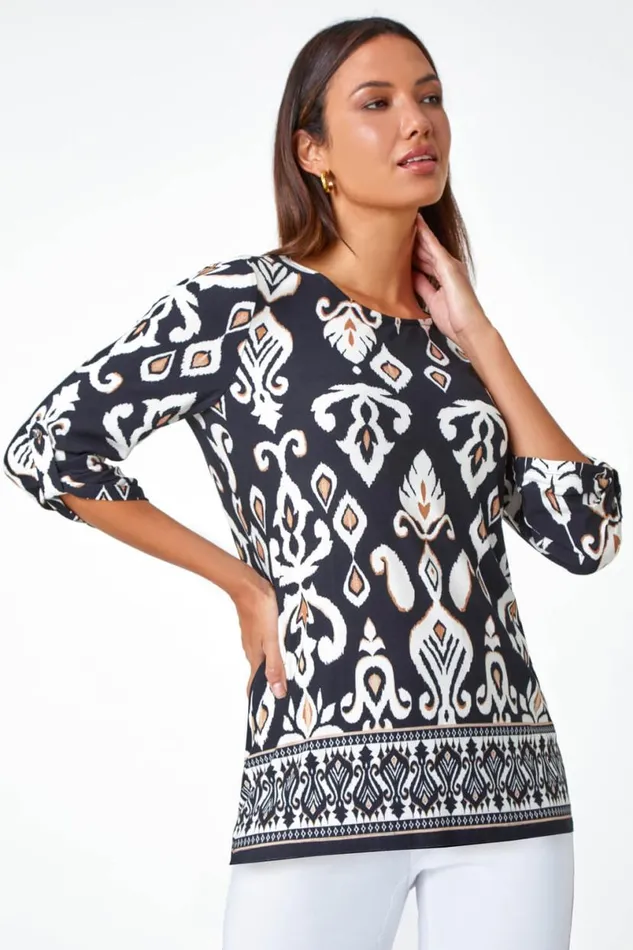 Neutral Aztec Border Print Stretch Tunic Top Women Roman Tops