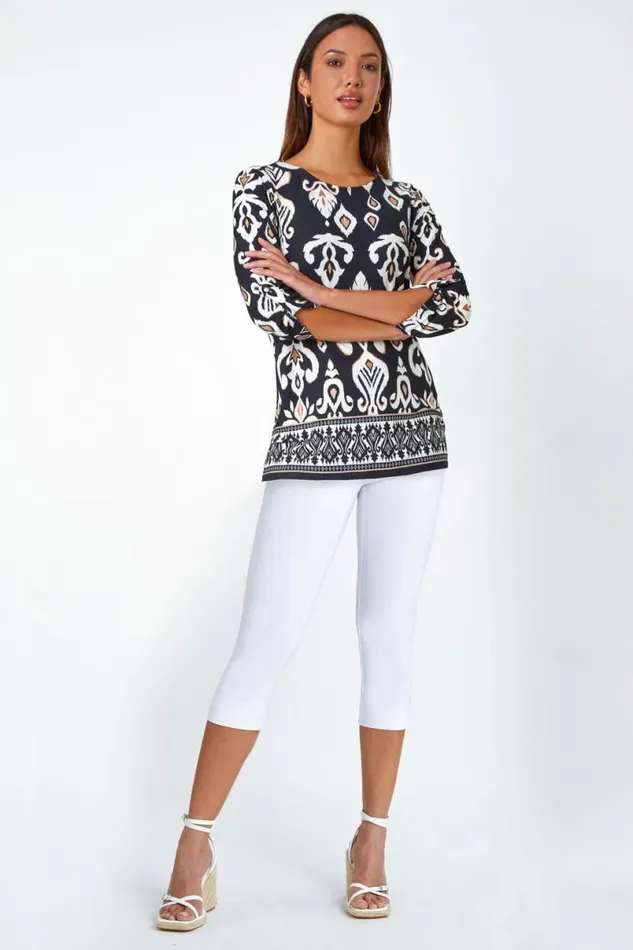 Neutral Aztec Border Print Stretch Tunic Top Women Roman Tops