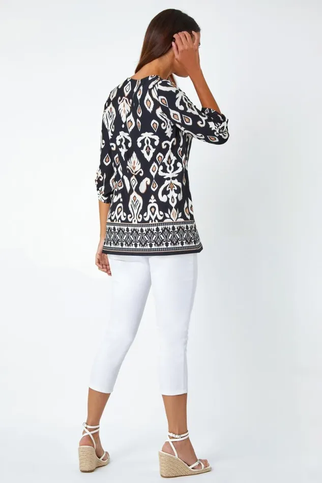 Neutral Aztec Border Print Stretch Tunic Top Women Roman Tops