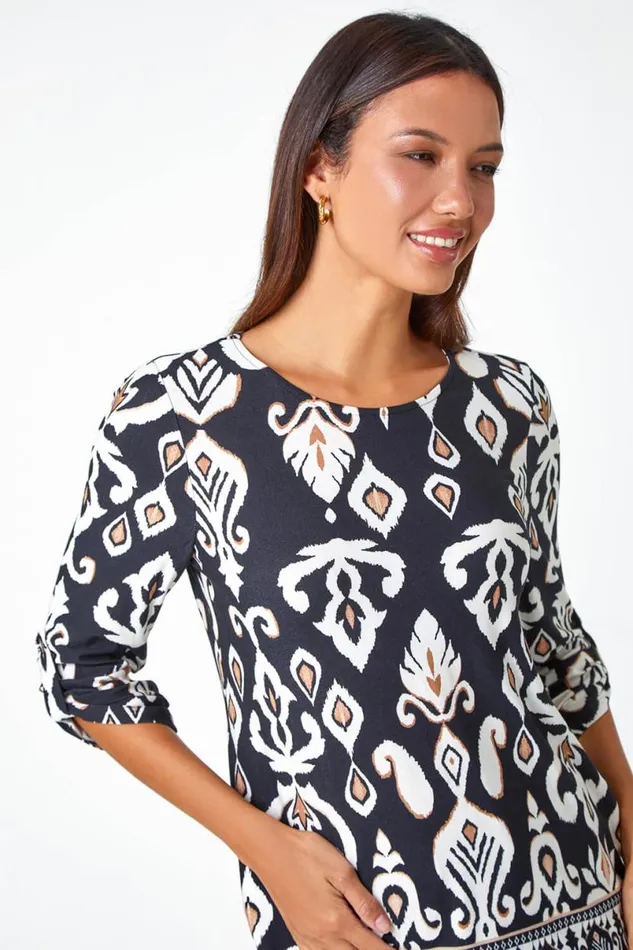 Neutral Aztec Border Print Stretch Tunic Top Women Roman Tops