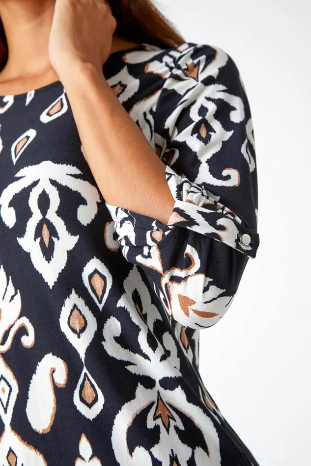Neutral Aztec Border Print Stretch Tunic Top Women Roman Tops