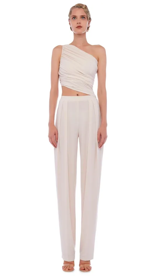 Norma Kamali Bottoms TAPERED PLEATED TROUSER Bone 8211 Clothing