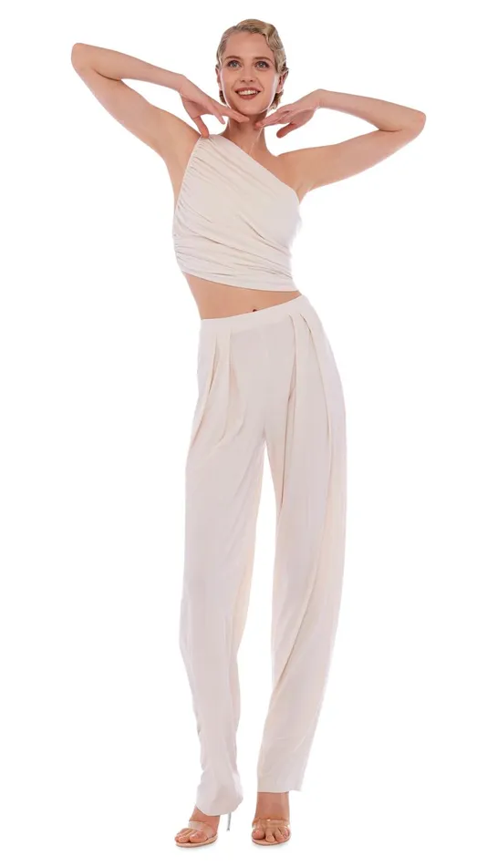Norma Kamali Bottoms TAPERED PLEATED TROUSER Bone 8211 Clothing