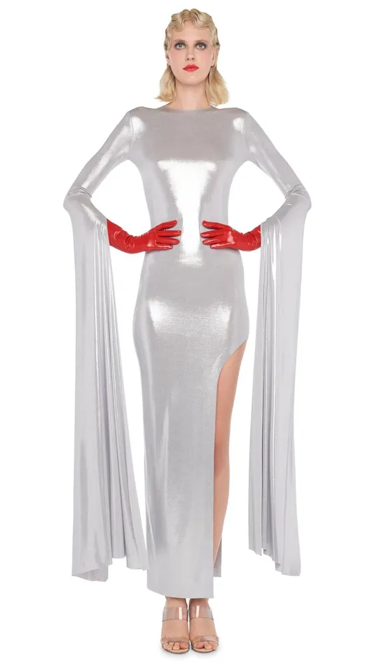 Norma Kamali Dresses RIBBON SLEEVE WIDE SLIT GOWN Silver 8211 Clothing