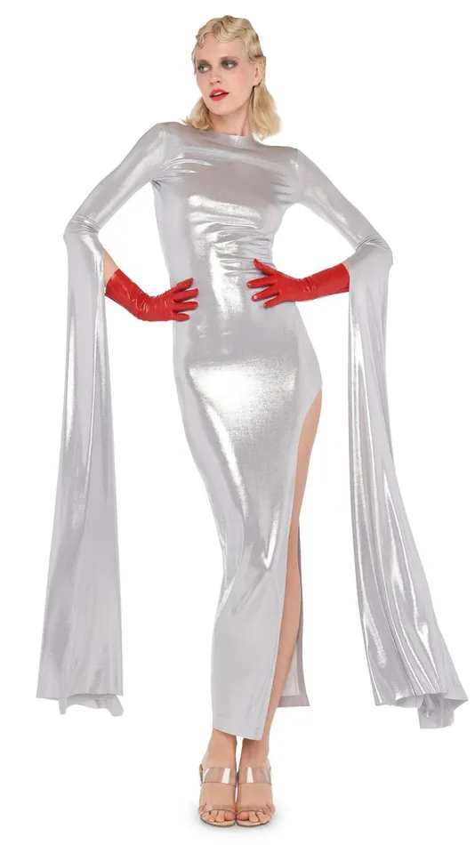Norma Kamali Dresses RIBBON SLEEVE WIDE SLIT GOWN Silver 8211 Clothing