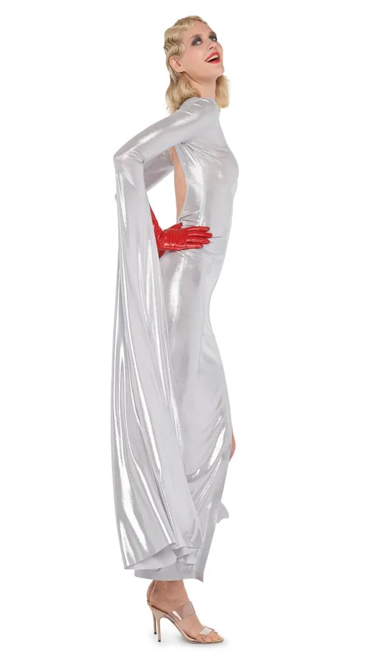 Norma Kamali Dresses RIBBON SLEEVE WIDE SLIT GOWN Silver 8211 Clothing