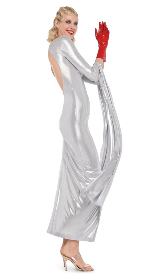 Norma Kamali Dresses RIBBON SLEEVE WIDE SLIT GOWN Silver 8211 Clothing