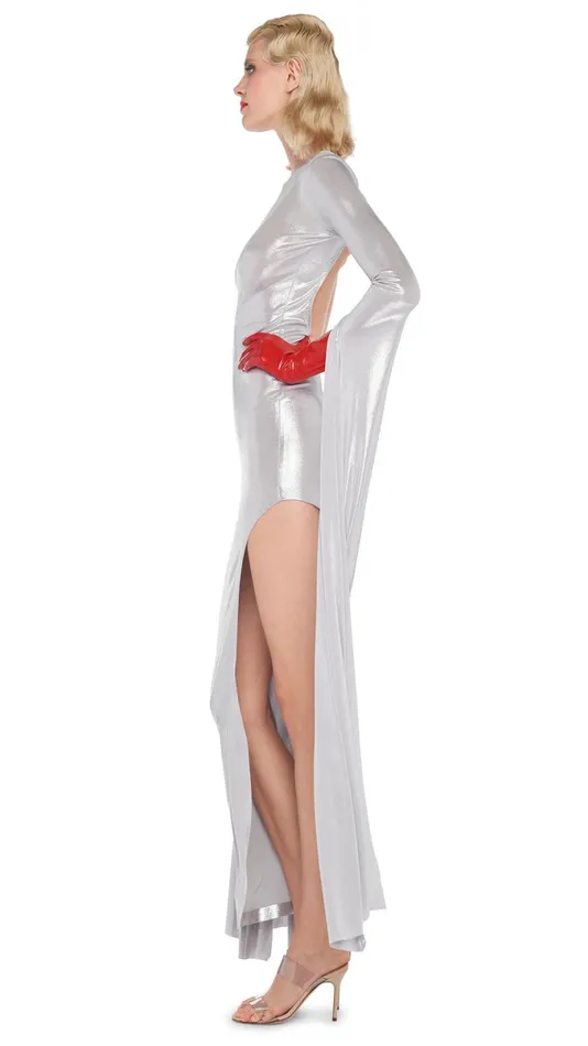 Norma Kamali Dresses RIBBON SLEEVE WIDE SLIT GOWN Silver 8211 Clothing