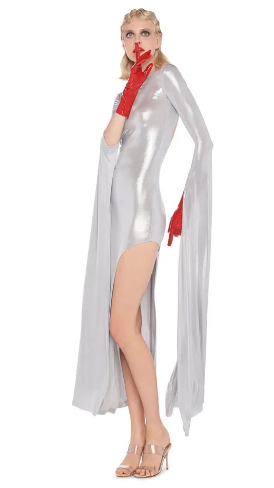 Norma Kamali Dresses RIBBON SLEEVE WIDE SLIT GOWN Silver 8211 Clothing