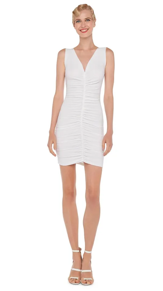 Norma Kamali Dresses SLEEVELESS DEEP V SHIRRED FRONT MINI Snow White 8211 Clothing Norma Kamali Dresses SLEEVELESS DEEP V SHIRRED FRONT MINI Snow White 8211 Clothing