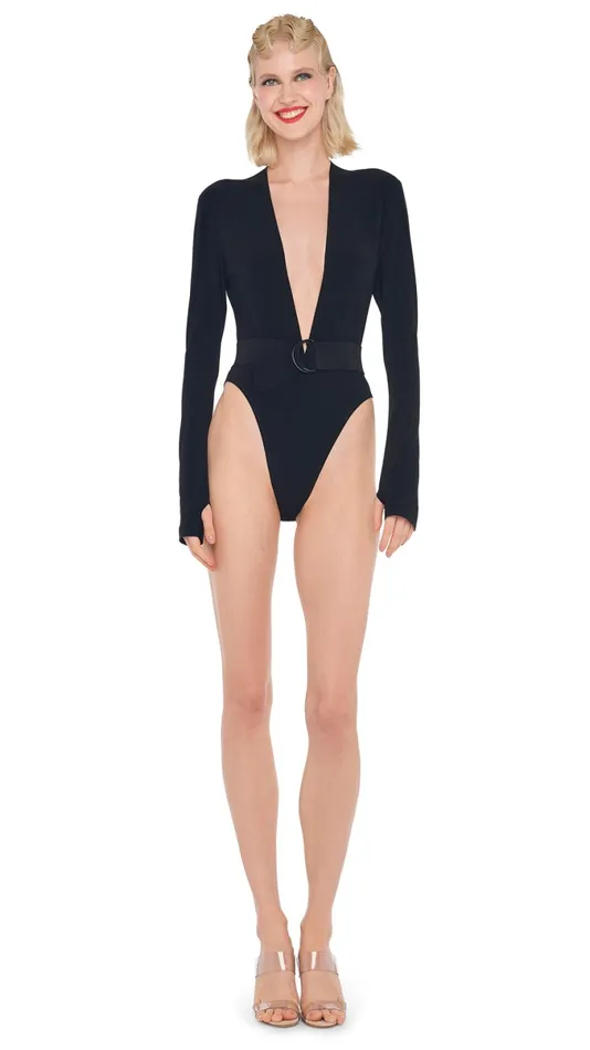 Norma Kamali Tops LONG SLEEVE V NECK BODYSUIT Black 8211 Clothing