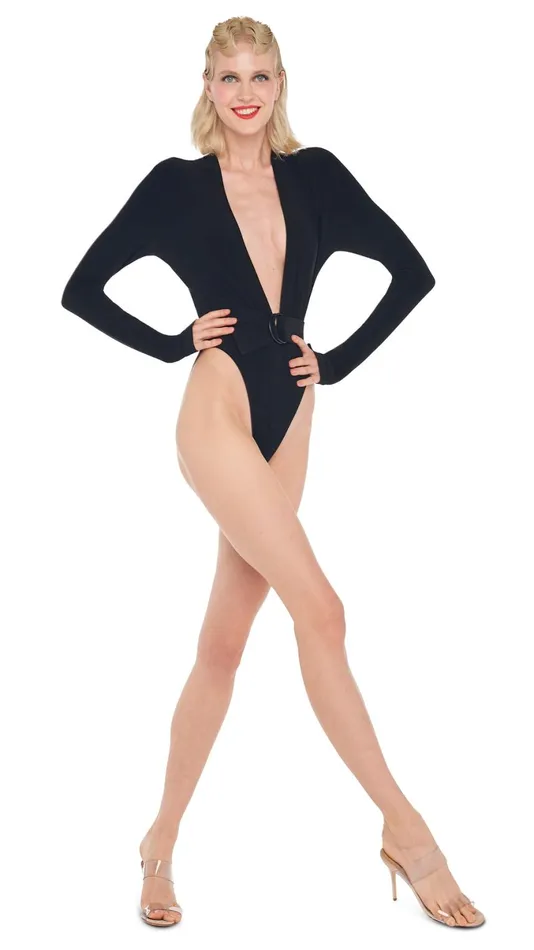 Norma Kamali Tops LONG SLEEVE V NECK BODYSUIT Black 8211 Clothing