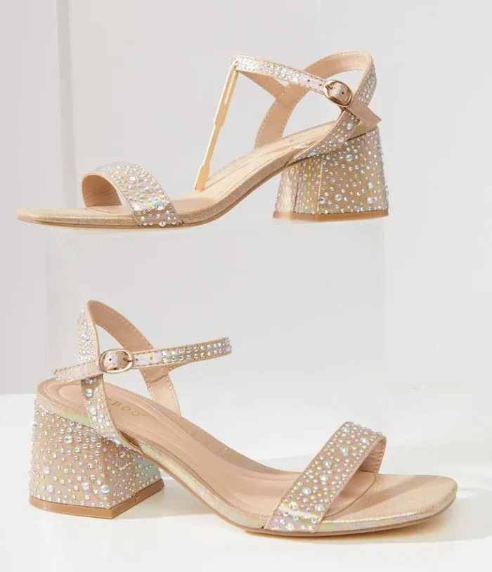 Nude and Silver Rhinestone Kitten Peep Toe Heels Shoes Unique Vintage Heels