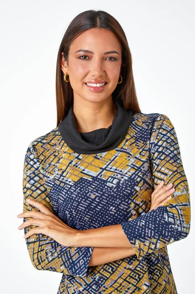 Ochre Abstract Print Cowl Neck Stretch Top Women Roman Tops