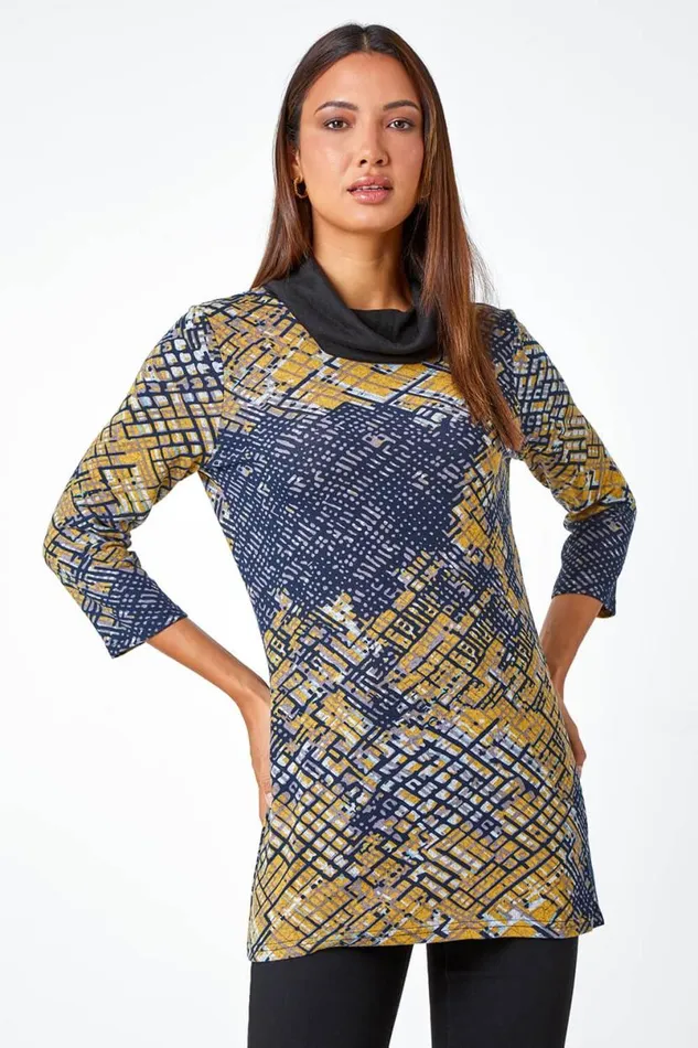 Ochre Abstract Print Cowl Neck Stretch Top Women Roman Tops