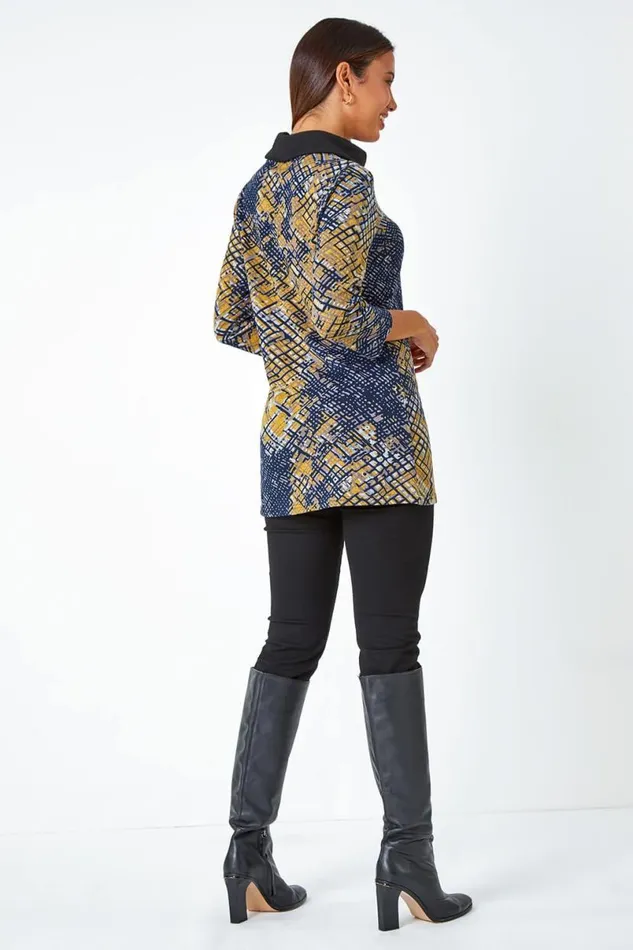 Ochre Abstract Print Cowl Neck Stretch Top Women Roman Tops