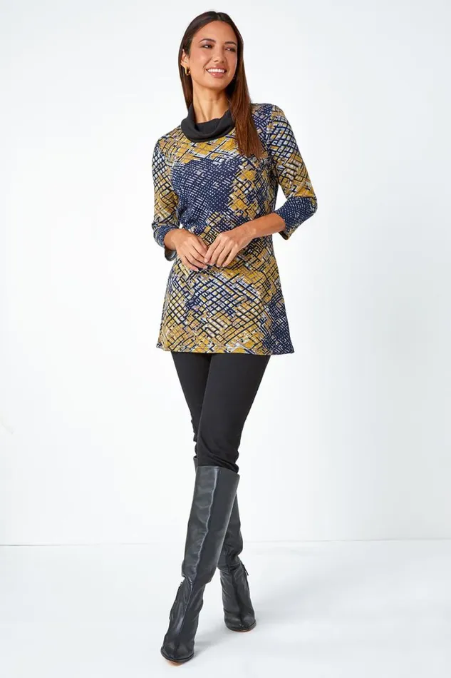 Ochre Abstract Print Cowl Neck Stretch Top Women Roman Tops
