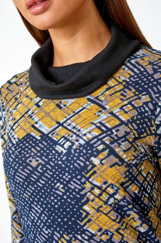Ochre Abstract Print Cowl Neck Stretch Top Women Roman Tops
