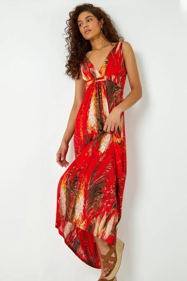 Orange Abstract Print Stretch Jersey Maxi Dress Women Roman Dresses