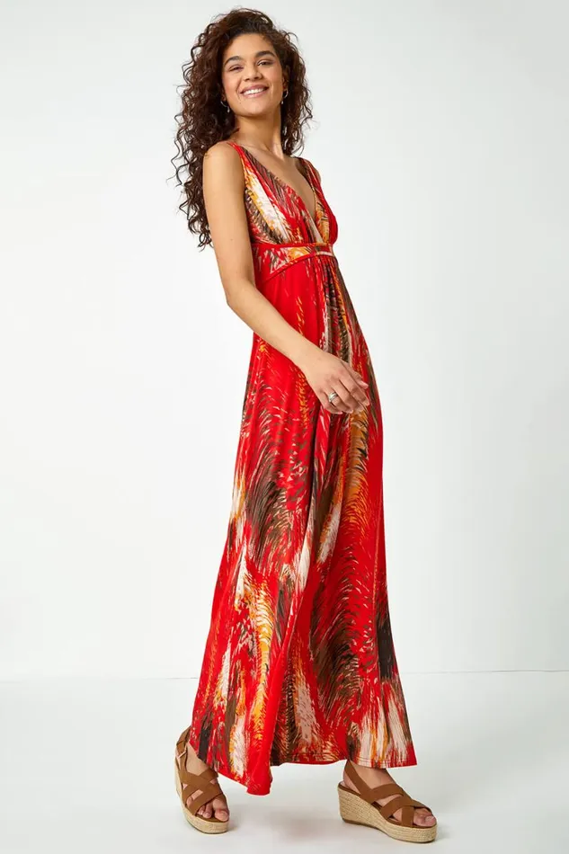 Orange Abstract Print Stretch Jersey Maxi Dress Women Roman Dresses