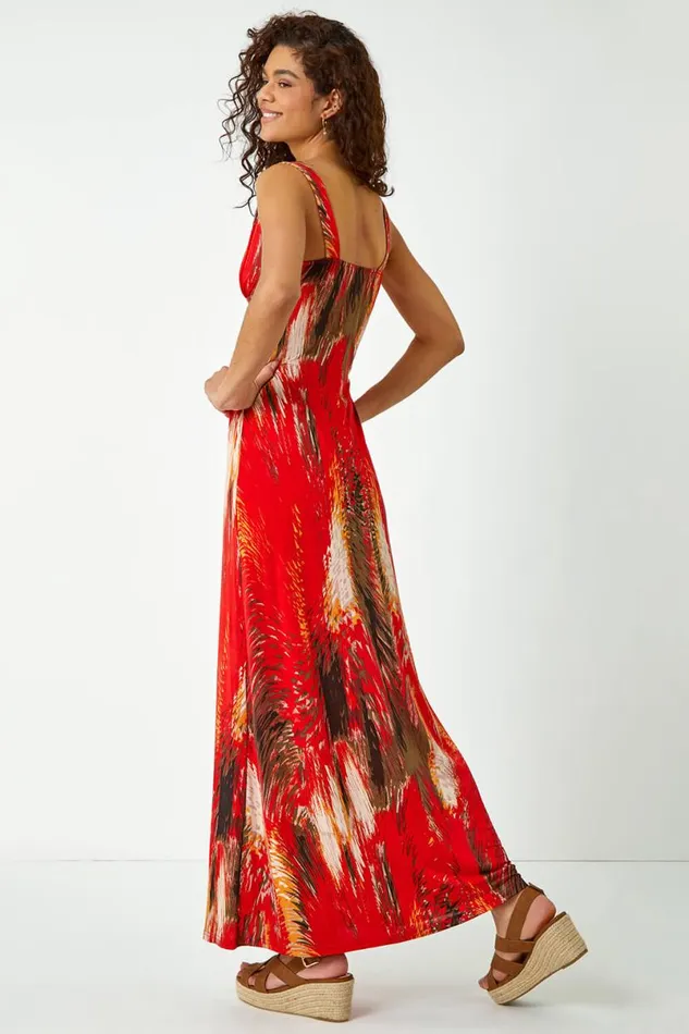 Orange Abstract Print Stretch Jersey Maxi Dress Women Roman Dresses