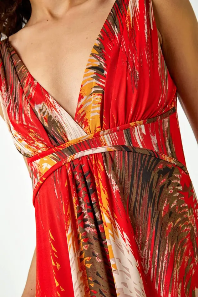 Orange Abstract Print Stretch Jersey Maxi Dress Women Roman Dresses