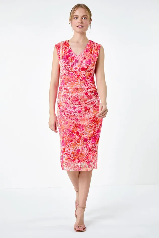 Orange Abstract Spot Ruched Mesh Stretch Dress Women Roman Dresses