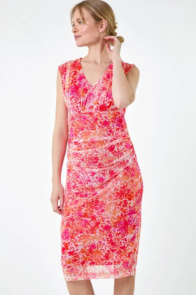 Orange Abstract Spot Ruched Mesh Stretch Dress Women Roman Dresses