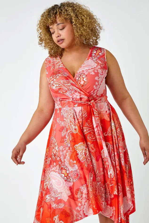 Orange Curve Paisley Hanky Hem Stretch Dress Women Roman Dresses