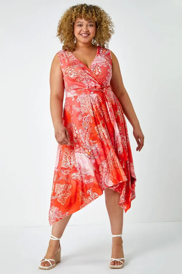 Orange Curve Paisley Hanky Hem Stretch Dress Women Roman Dresses