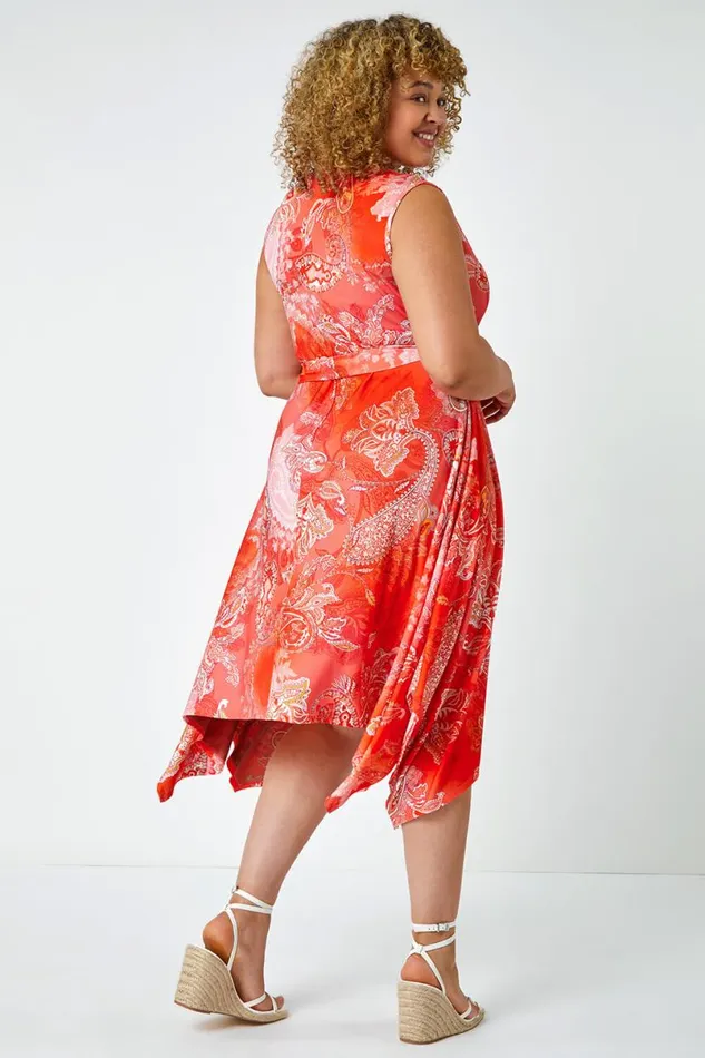 Orange Curve Paisley Hanky Hem Stretch Dress Women Roman Dresses