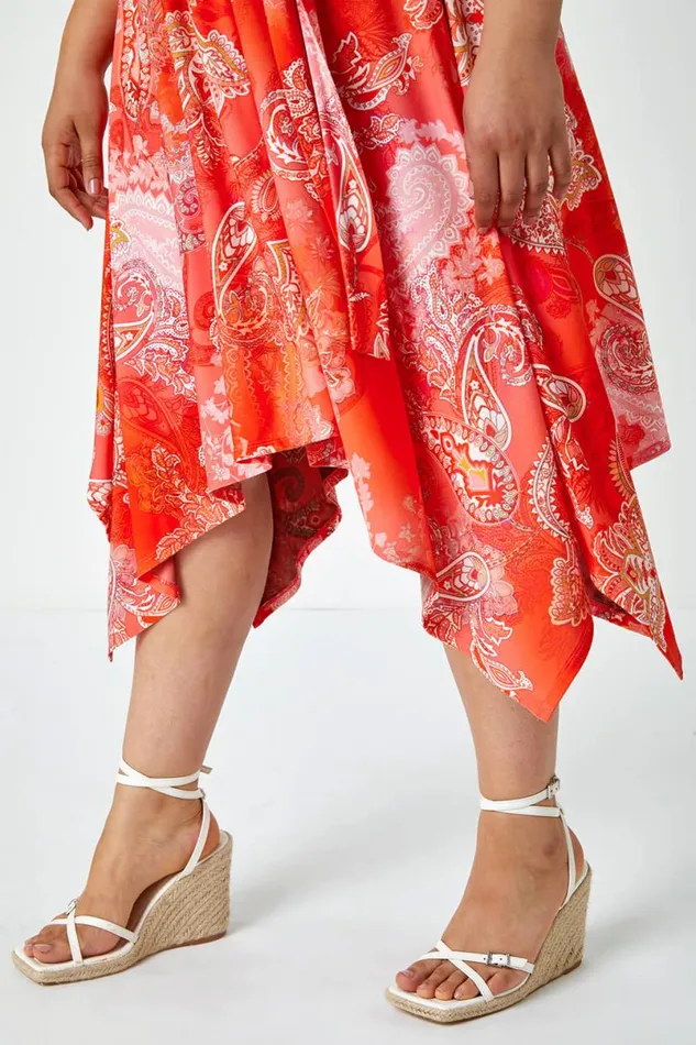 Orange Curve Paisley Hanky Hem Stretch Dress Women Roman Dresses