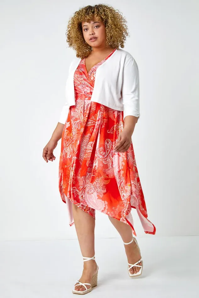 Orange Curve Paisley Hanky Hem Stretch Dress Women Roman Dresses