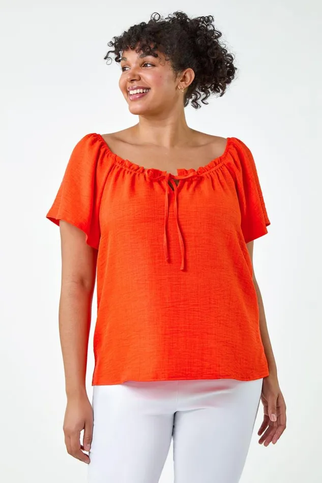 Orange Curve Tie Detail Linen Look Bardot Top Women Roman Tops