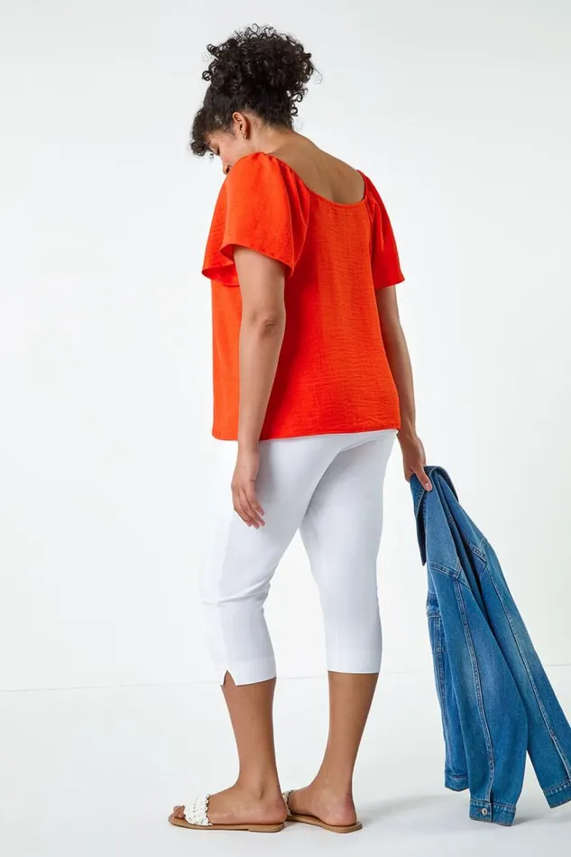 Orange Curve Tie Detail Linen Look Bardot Top Women Roman Tops